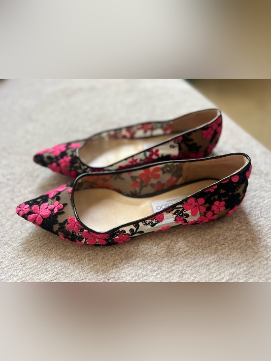 Jimmy Choo Shoes - Jimmy Choo Black Lace Flats with Bright Pink Floral Embroidery